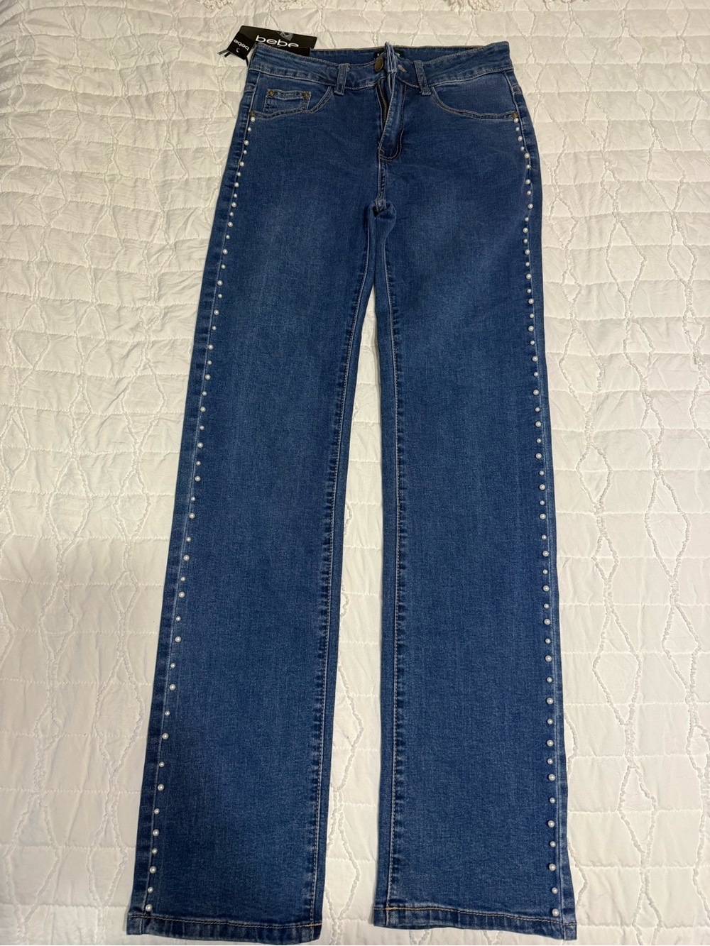 bebe Navy Straight-Leg Jeans with Side Stud Trim